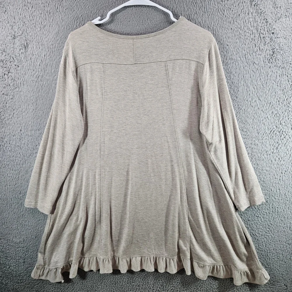 Ali Miles Womens Small Tan Ruffle Hem Tunic Top Long Sleeve Scoop Neck Heathered